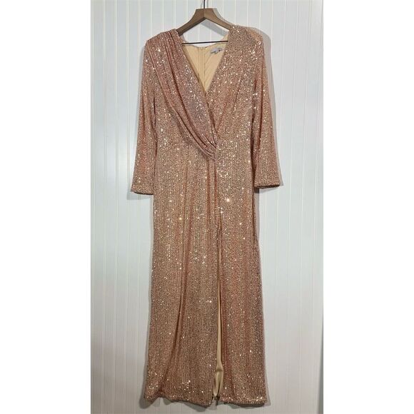 Baltic Born Zurich Sequin Maxi Dress Rose Gold 2X Long Sleeve Formal Gown Plus - Picture 1 of 8